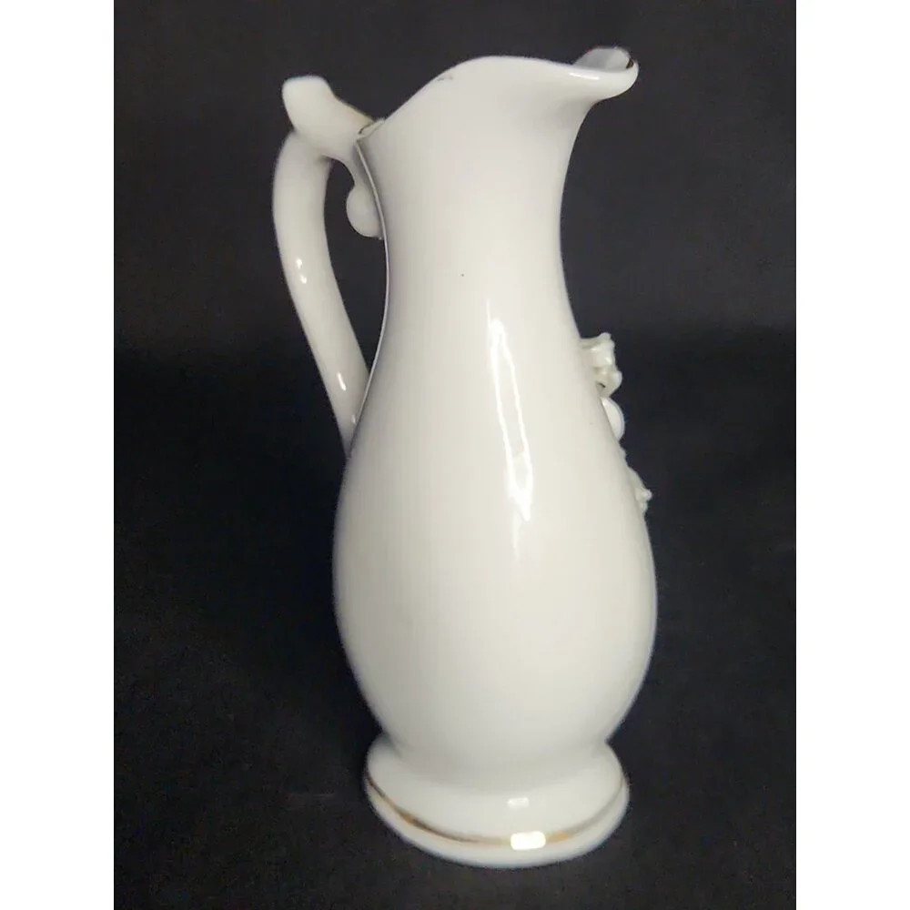 Cream Porcelain Pitcher Vase with Pastel Floral Appliqués and Gold Trim